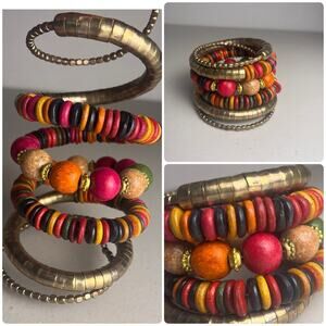 Vintage Wooden Wood Bead Coil Wrap Bracelet Brass Tone Stacking Beaded Bangle